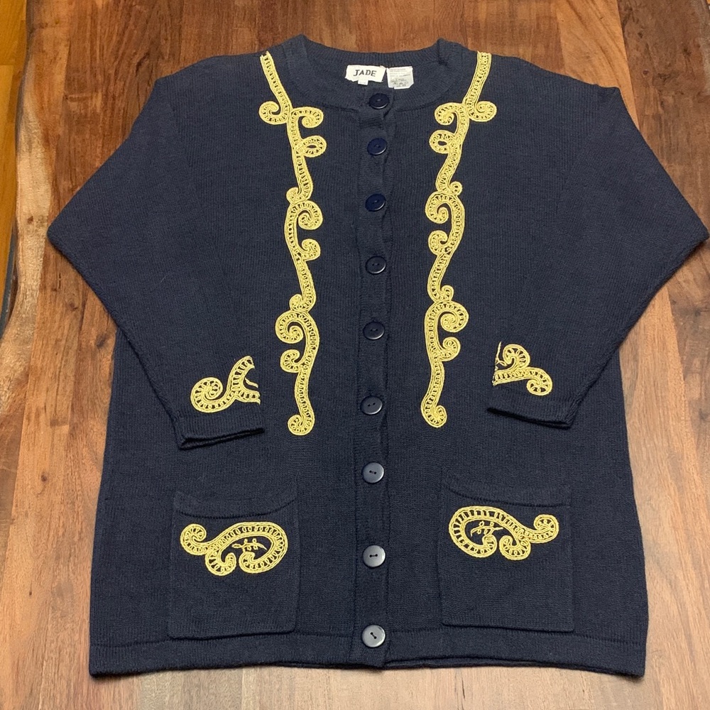 Vintage Dark Navy Cardigan with gold appliqué, Sz L